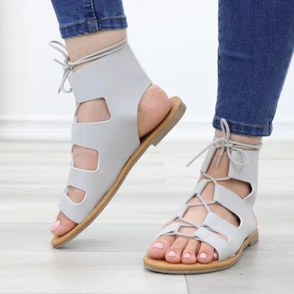 Gray Gladiator Laced-Up Bootie Style Flat Sandals - Picture 12 of 14